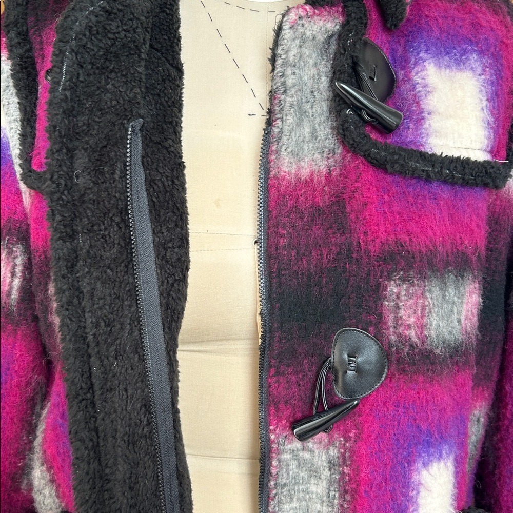 Anna Sui Ombre Plaid Toggle Hooded Wool Blend Coat Jacket Women Size 6 - Picture 9 of 16